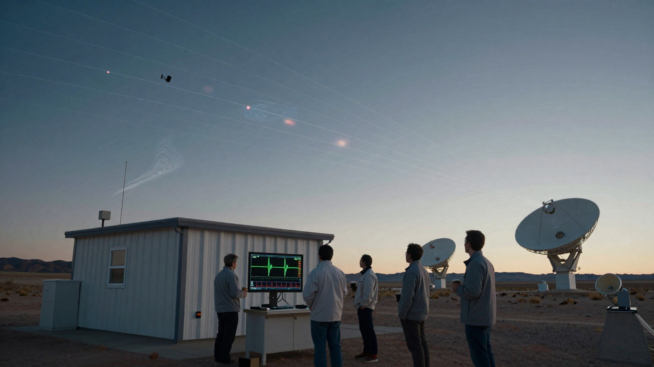 Fünf Personen beobachten im Freien Satellitenschüsseln und Monitor mit Daten vor einem kleinen Gebäude bei Dämmerung.