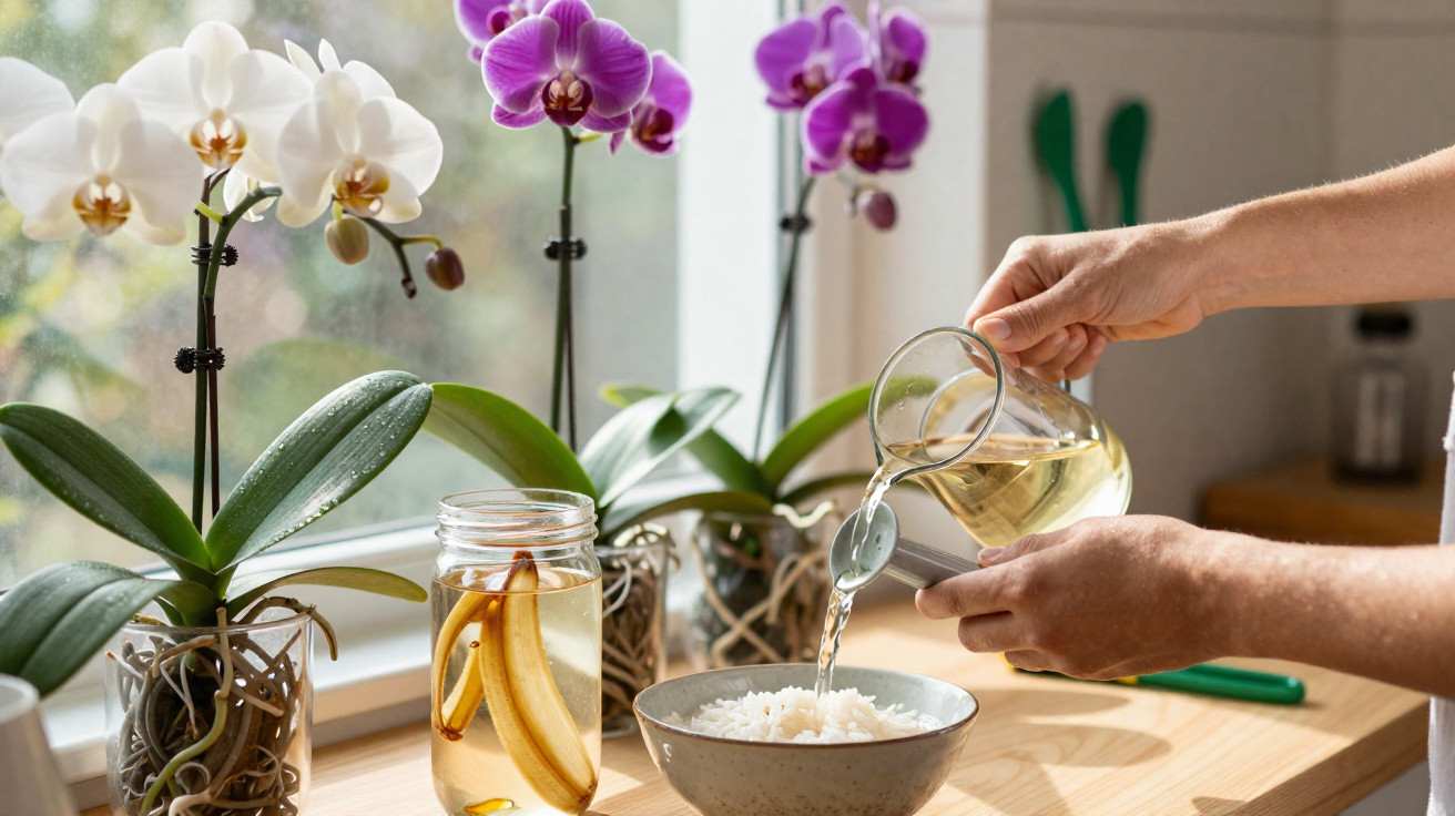 Orchideen am Fensterbrett, Glas mit Bananenwasser und Hände gießen Flüssigkeit in Reis-Schüssel in der Küche.