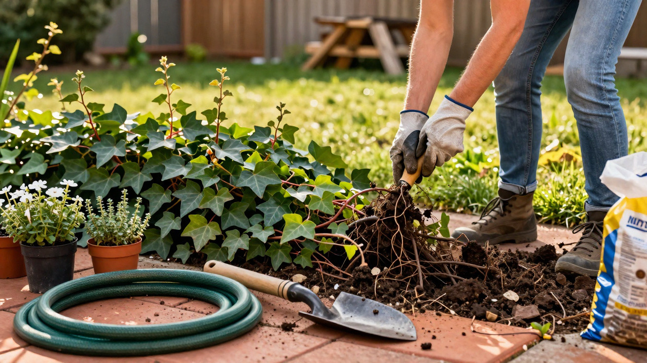 Person mit Handschuhen entfernt Unkraut aus dem Beet, neben Gartenschlauch, Pflanztöpfen und Gartenschaufel.