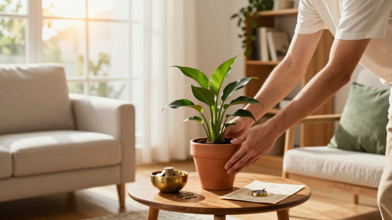 Person stellt eine grüne Zimmerpflanze in einen Blumentopf auf einen Holztisch im Wohnzimmer.