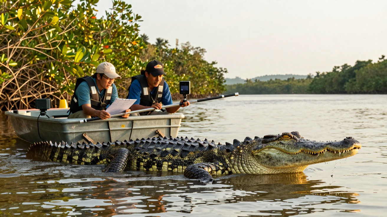 Zwei Forscher in Boot dokumentieren einen lebenden Alligator in einem Fluss mit dichten Uferpflanzen.