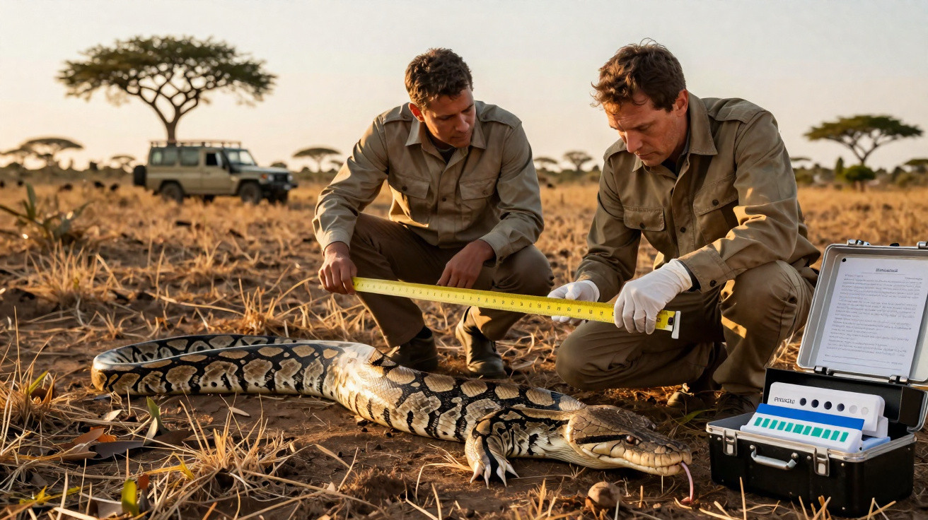 Zwei Männer messen eine große Schlange in der Savanne, im Hintergrund Safarifahrzeug und Akazienbäume.