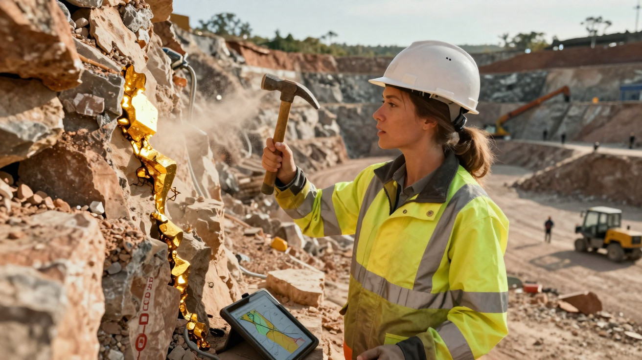 Geologin schlägt mit Hammer auf Felswand in Steinbruch, Tragen Schutzhelm und Warnweste.