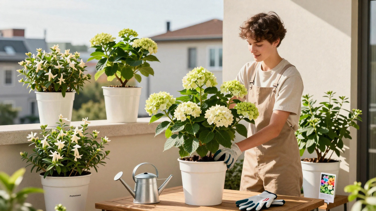 Junge Person pflegt blühende Pflanzen auf sonnigem Balkon mit Gießkanne und Gartenhandschuhen am Tisch.