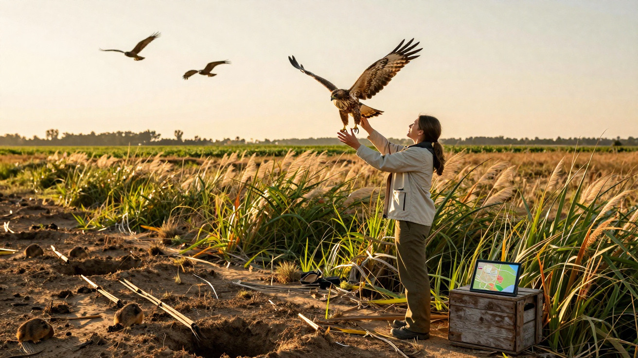 Frau in Feldlandschaft lässt Greifvogel fliegen, weitere Vögel im Flug, bei Sonnenuntergang.