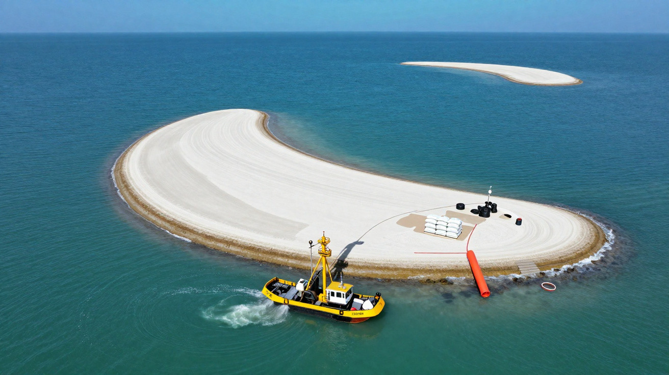 Künstliche Sandinsel im Meer mit gelbem Boot nahe am Ufer, mehrere schwarze und weiße Tonnen liegen am Strand.