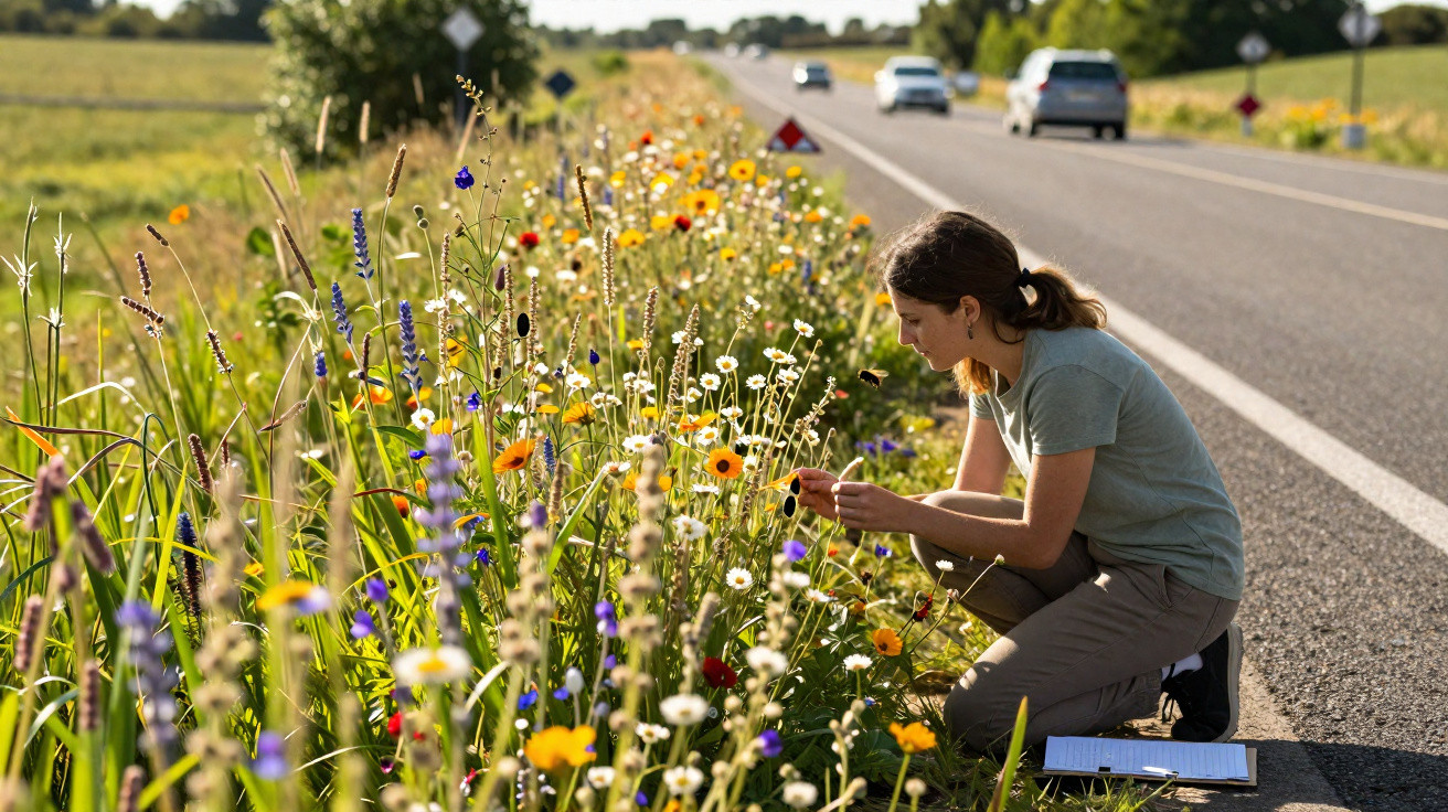 Frau untersucht bunte Wildblumen an einer Autobahnbegrenzung bei sonnigem Wetter, neben ihr ein Klemmbrett.