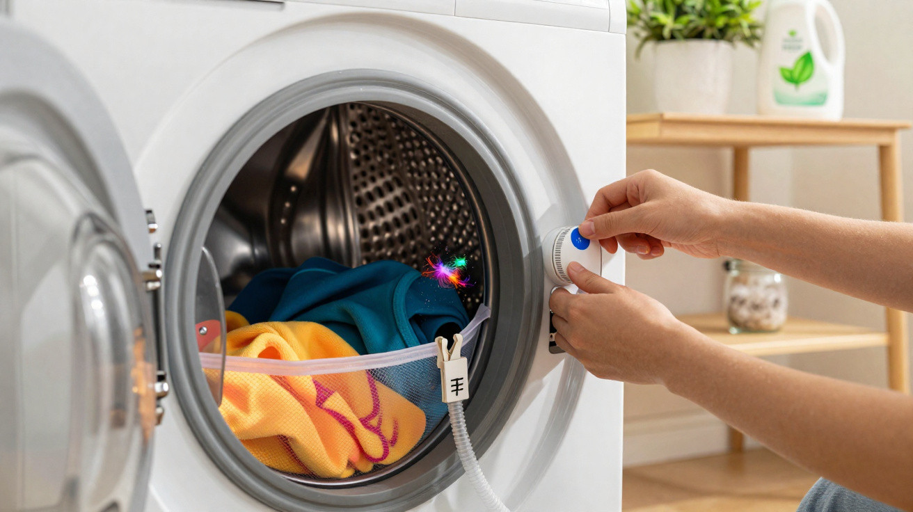 Person stellt Waschmaschine mit bunten Kleidungsstücken im Netzbeutel ein, Waschmittel im Hintergrund sichtbar