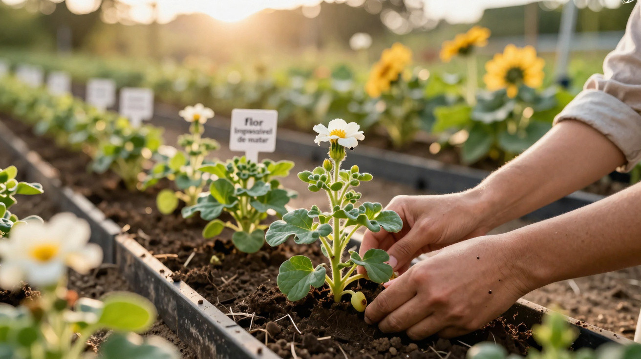 Person pflanzt im Gewächshaus kleine weiße Blumen in Erde mit Sonnenschein im Hintergrund.