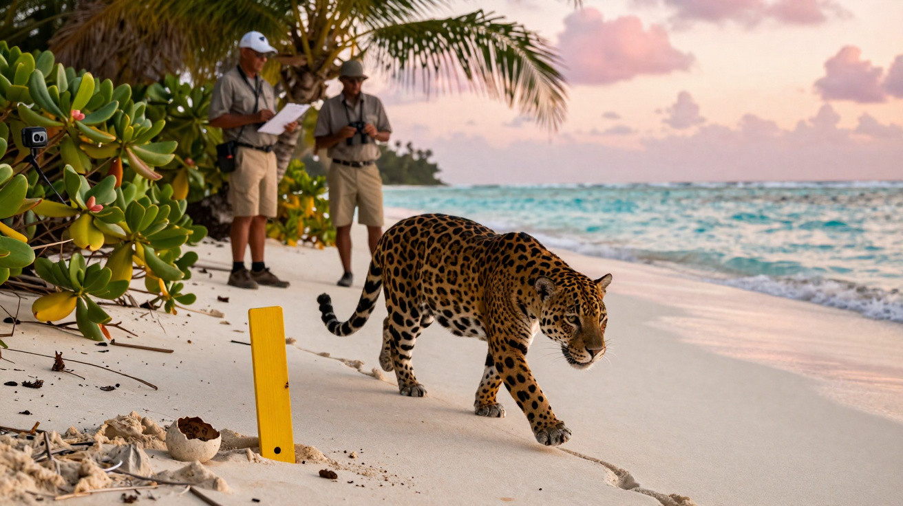 Ein Jaguar läuft am Strand, im Hintergrund beobachten zwei Männer mit Feldstecher und Notizblock die Szene.