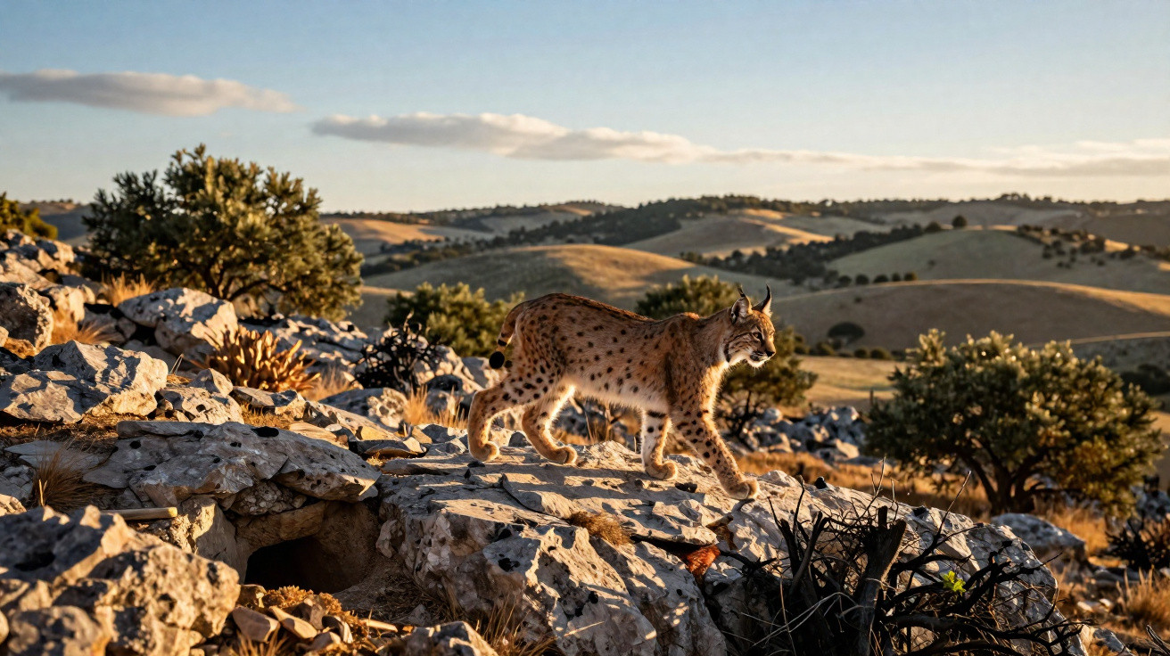 Luchs läuft auf felsigem Gelände in einer sonnigen, hügeligen Landschaft mit Büschen und Bäumen