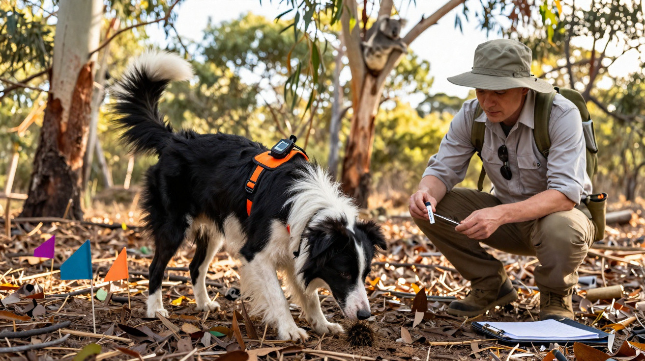 Mann mit Hut und Notizblock beobachtet Hund mit GPS-Halsband, der auf Waldboden etwas untersucht.