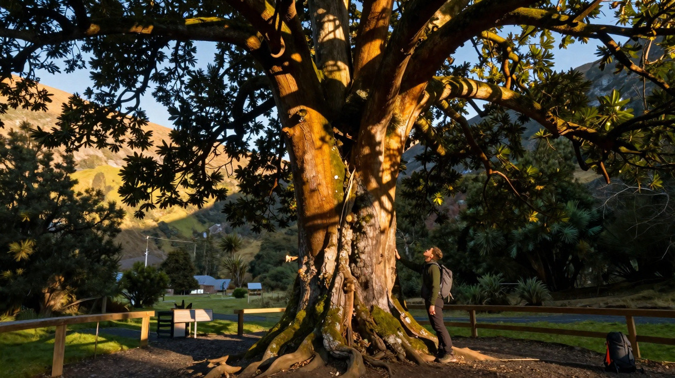 Mann steht neben riesigem Baum mit dicken Wurzeln in Parklandschaft bei Sonnenuntergang.
