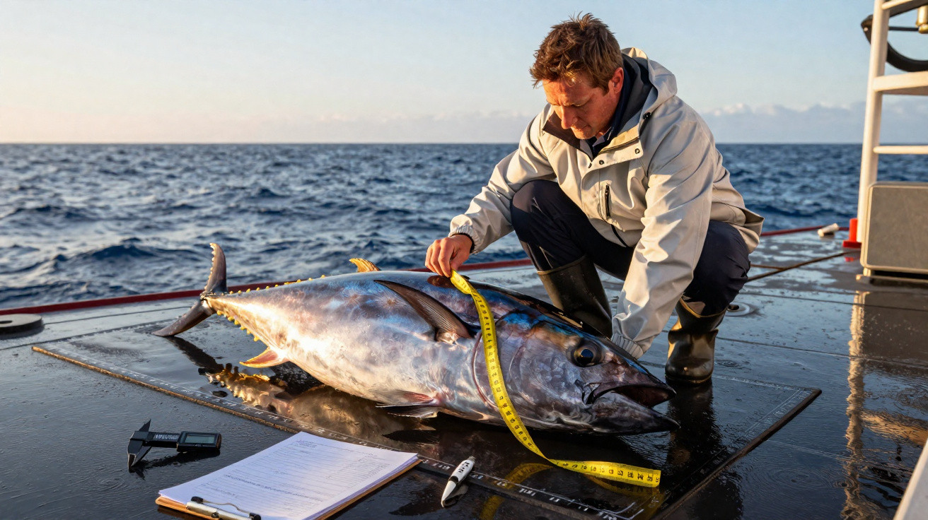 Fischer misst einen großen Thunfisch auf dem Boot mit einem Maßband bei Sonnenuntergang.