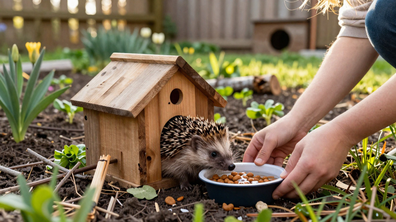 Igel kriecht aus Holzhaus im Garten, Hände stellen Schüssel mit Futter auf Erde.