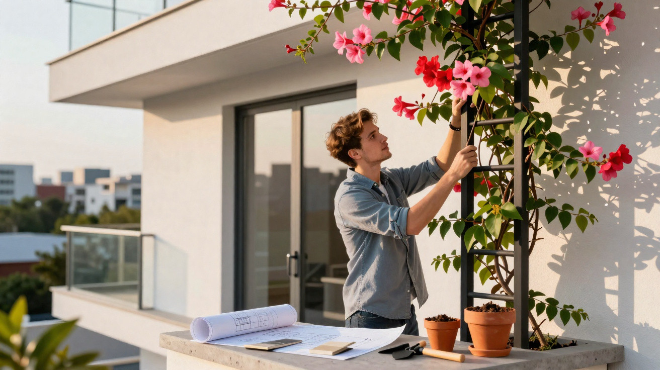Junger Mann pflegt pink blühende Pflanze auf städtischem Balkon mit Architekturplänen am Tisch.