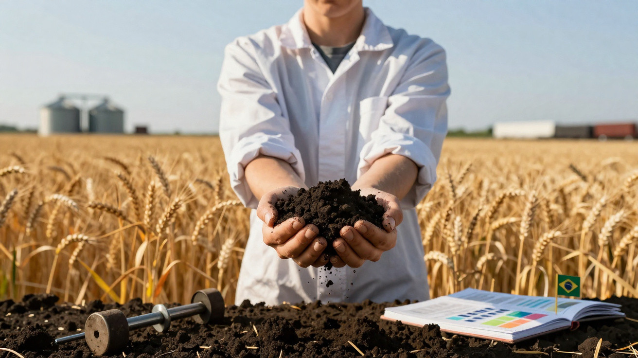 Person hält fruchtbare Erde in den Händen, stehend vor einem Weizenfeld mit landwirtschaftlichen Geräten.