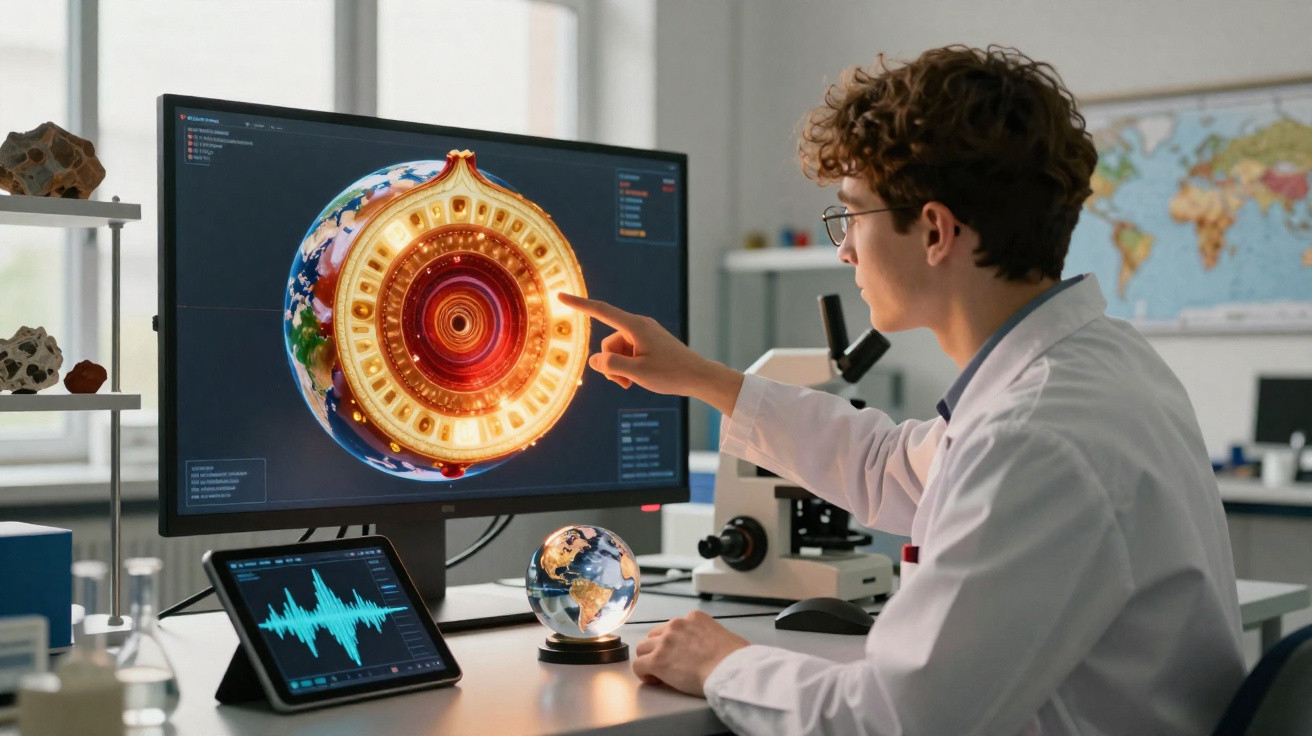 Wissenschaftler analysiert Erdkernmodell auf Bildschirm im Labor mit Mikroskop und Tablet am Schreibtisch.