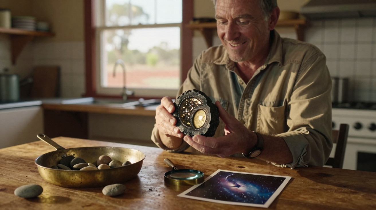 Mann untersucht Teleskop-Modell an Holztisch mit Steinen und Weltraumfoto in heller Küche.