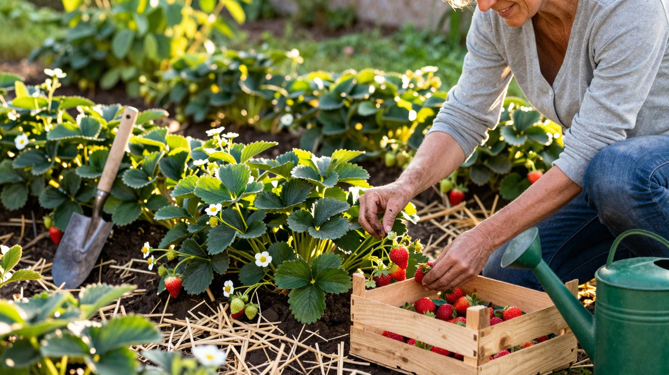 Ältere Person erntet reife Erdbeeren im Garten und legt sie in eine Holzkiste.