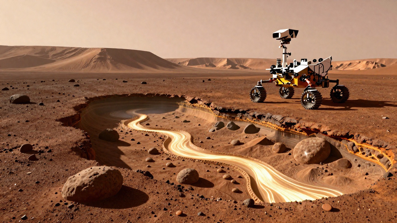 Marslandschaft mit Felsen, Krater und einem fahrbaren Forschungslabor auf staubigem, rotem Boden.