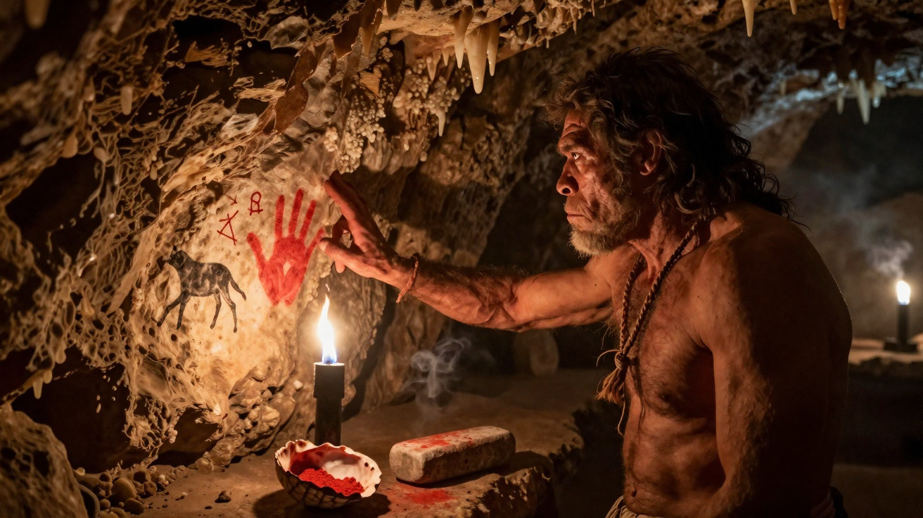 Steinzeitmensch malt mit roter Farbe Handabdruck und Tierzeichnungen in einer beleuchteten Höhle.