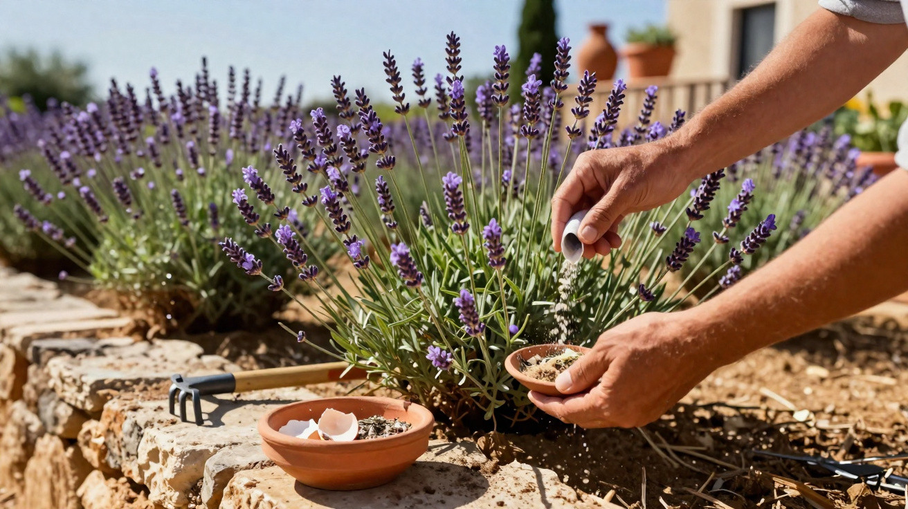 Hände säen Samen in einem Kräutergarten mit blühendem Lavendel an einem sonnigen Tag.