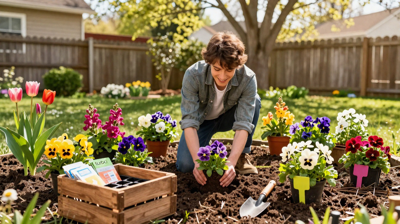 Junger Mann pflanzt bunte Stiefmütterchen im Garten, umgeben von Blumen und Gartengeräten.