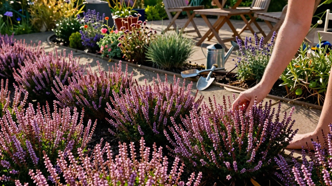 Garten mit blühenden Heidekrautpflanzen, Gartengeräten und einer Person, die Pflanzen pflegt.