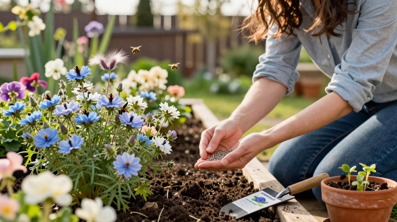 Frau im Garten, die Samen in ein Hochbeet mit blühenden Blumen und Bienen sät.