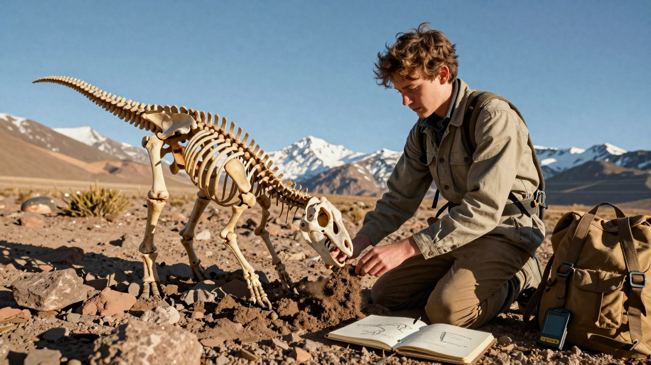 Junger Wissenschaftler untersucht Dinosaurierskelett im Gebirge mit Notizbuch und Rucksack im Kiesboden.
