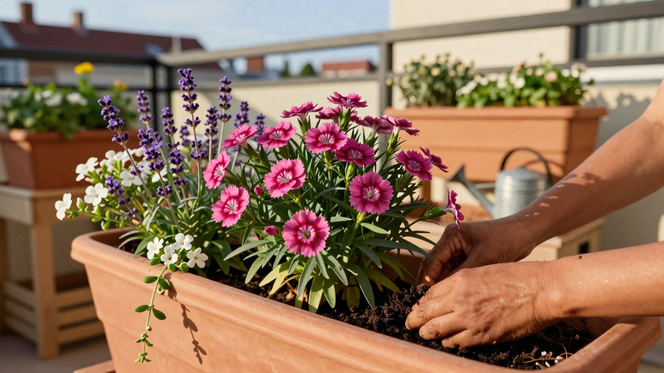 Hände beim Pflanzen von bunten Blumen in rechteckigem Blumentopf auf Balkon mit Gießkanne im Hintergrund.