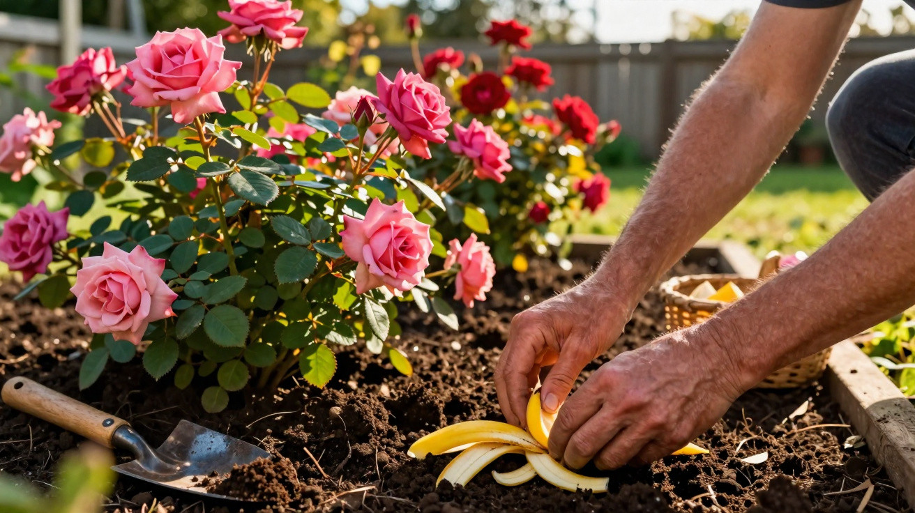 Mann legt Bananenschale als natürlichen Dünger neben blühenden Rosen in Gartenbeet.