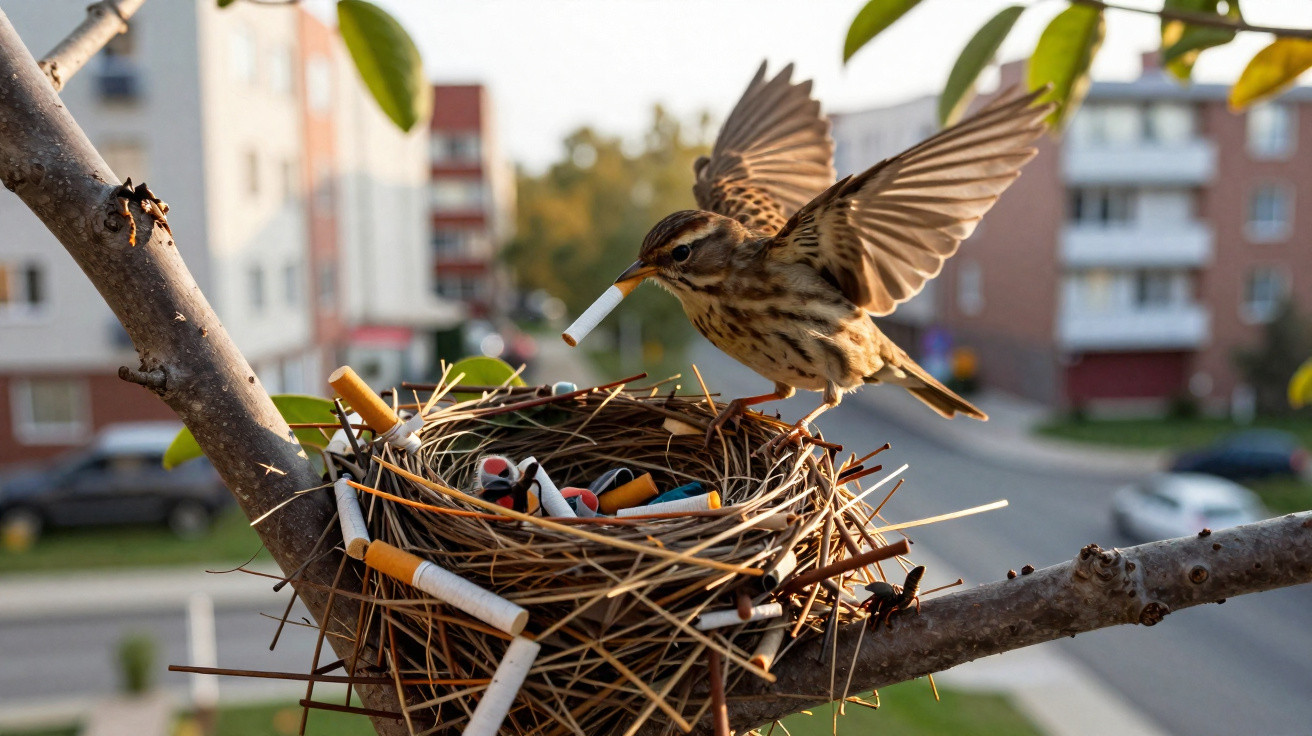 Vogel im Flug bringt eine Zigarette zu einem Nest voller Zigarettenstummel auf einem Baum vor Wohnhäusern.