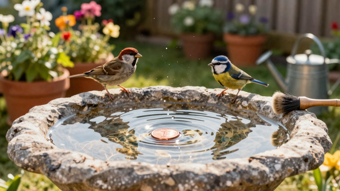 Zwei Vögel sitzen am Rand eines Vogelbads im Garten, im Hintergrund Blumentöpfe und Gießkanne.