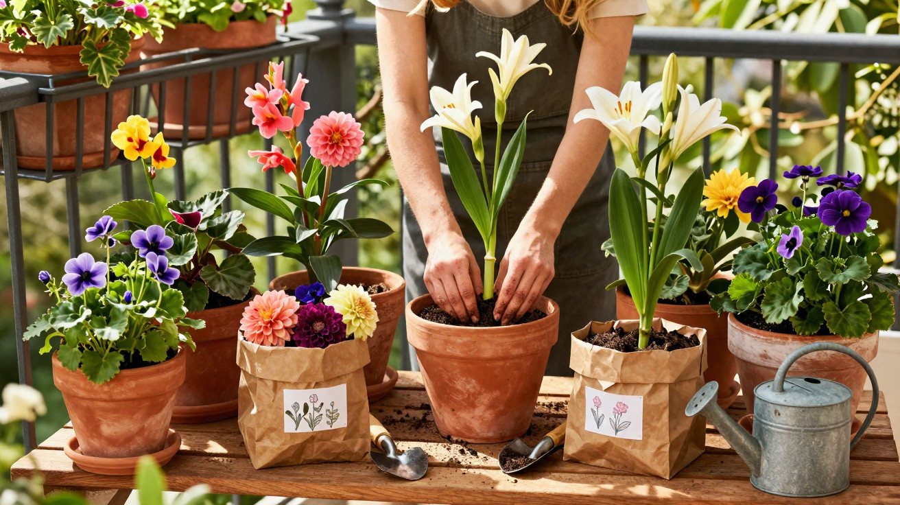 Frau pflanzt Lilien in Tontopf auf Balkon mit bunten Blumen und Gießkanne auf Holztisch.