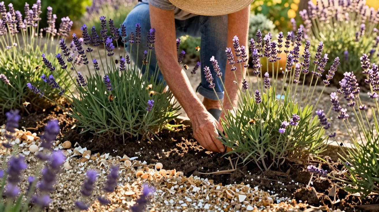 Person mit Strohhut pflanzt Lavendel in sonnigem Garten mit Kiesboden.