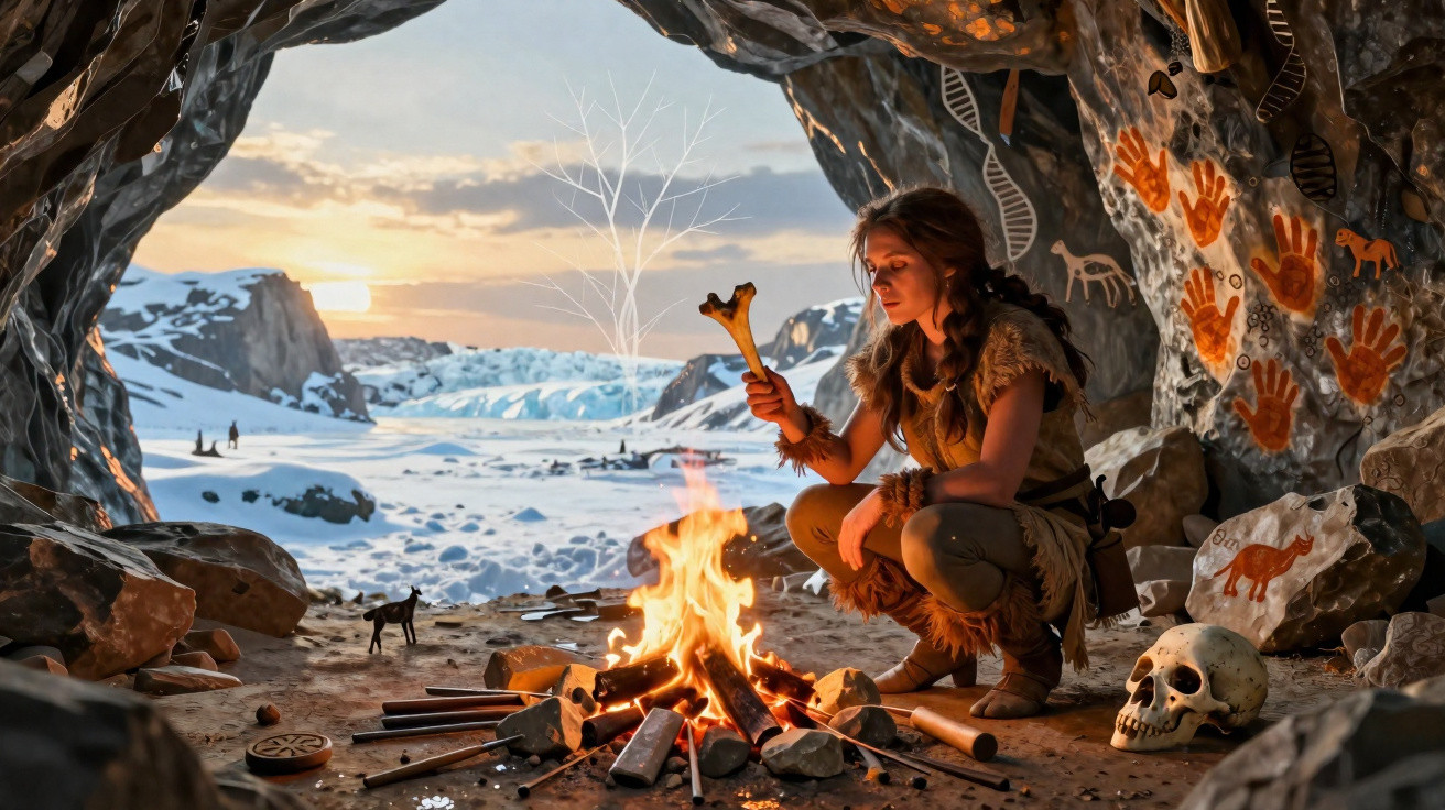 Frau in Höhle mit Feuer, prähistorischen Zeichnungen und Schneelandschaft im Hintergrund bei Sonnenuntergang.