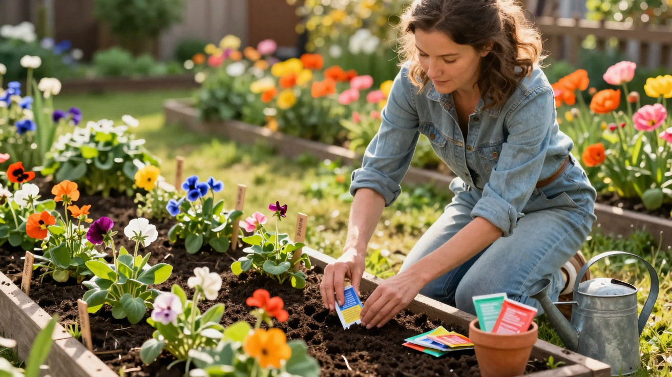 Frau pflanzt Samen in einem Hochbeet im Garten, umgeben von bunten Blumen bei Sonnenschein.