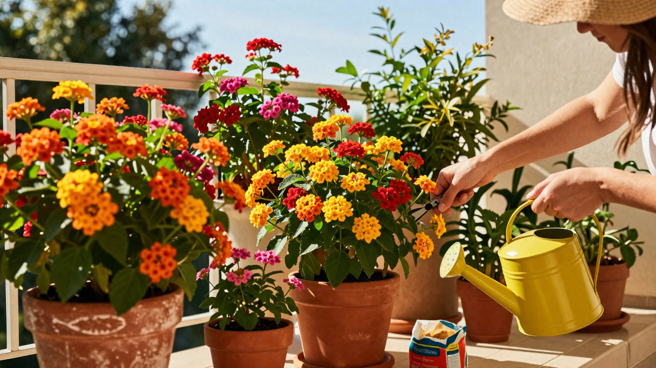 Frau gießt bunte Blumen in Tontöpfen auf einem sonnigen Balkon mit gelber Gießkanne.