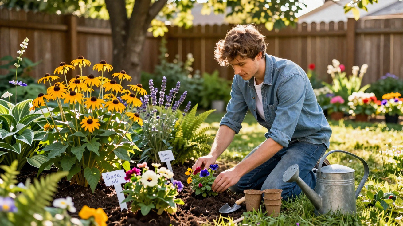 Junger Mann pflanzt Blumen im Garten, umgeben von bunten Pflanzen und Gießkanne.