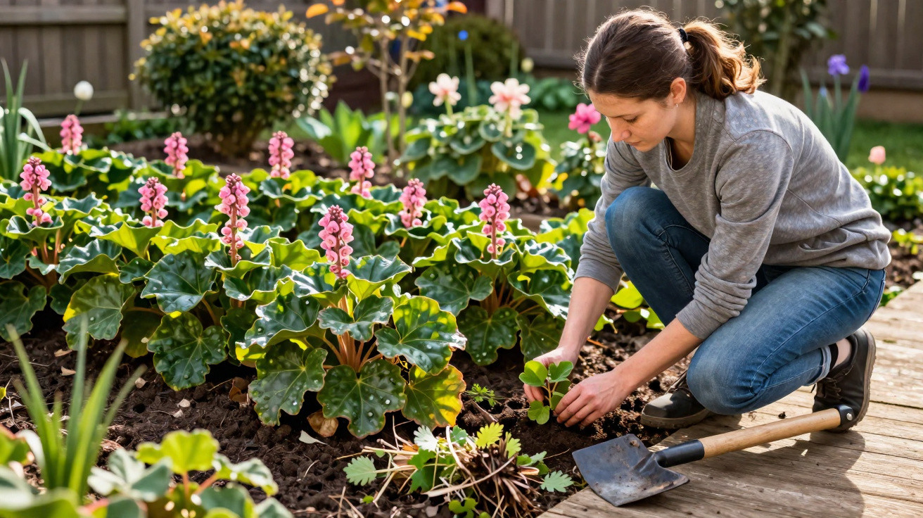 Frau kniet im Garten und pflanzt junge Pflanzen neben blühenden Bergenien mit rosa Blüten.