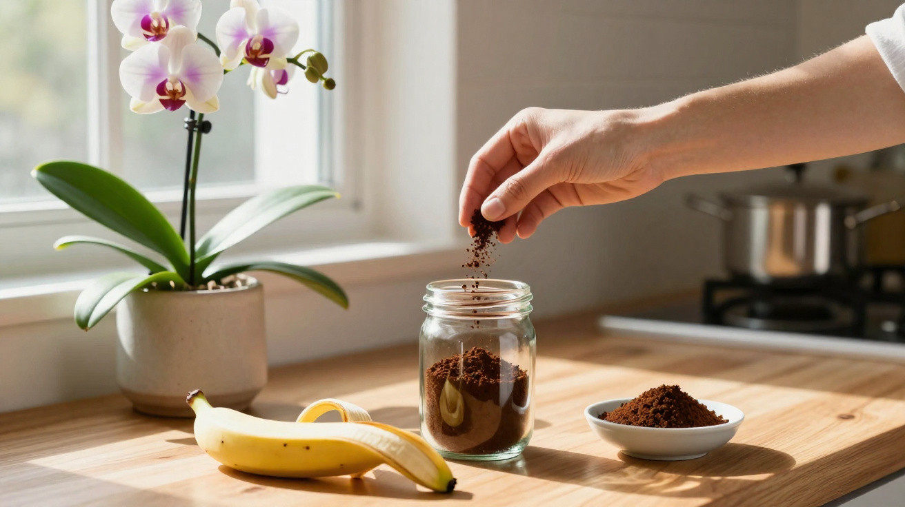 Hand streut gemahlenen Kaffee in ein Glas, daneben Banane und Orchidee am Fensterbrett.