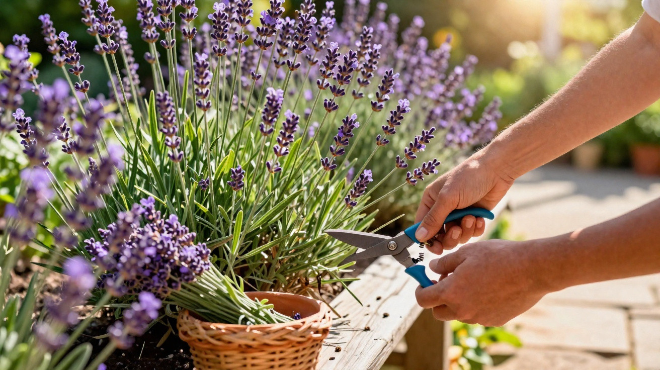 Hände schneiden Lavendel mit Gartenschere, Korb mit Lavendelblüten auf Holztisch im Garten bei Sonnenlicht.