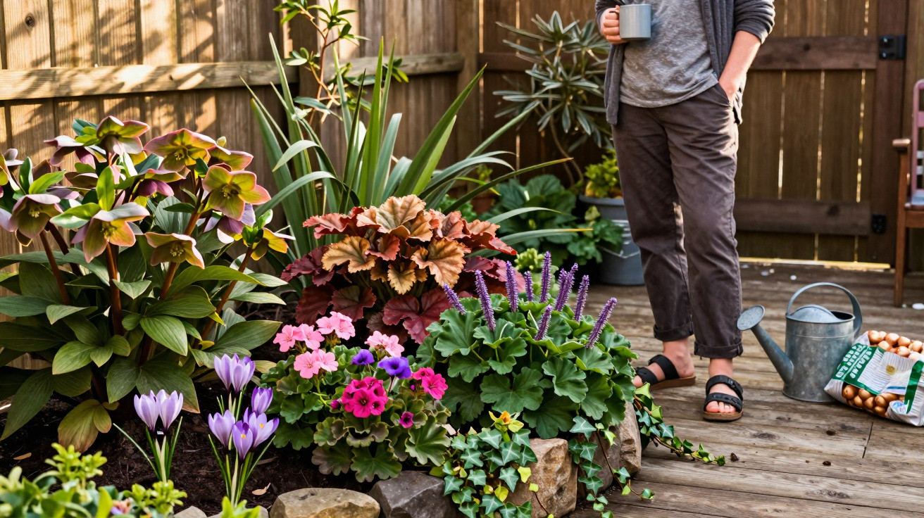 Bunte Blüten und grüne Pflanzen in einem Steingarten auf einer Holzterrasse mit einer Person und Gießkanne.