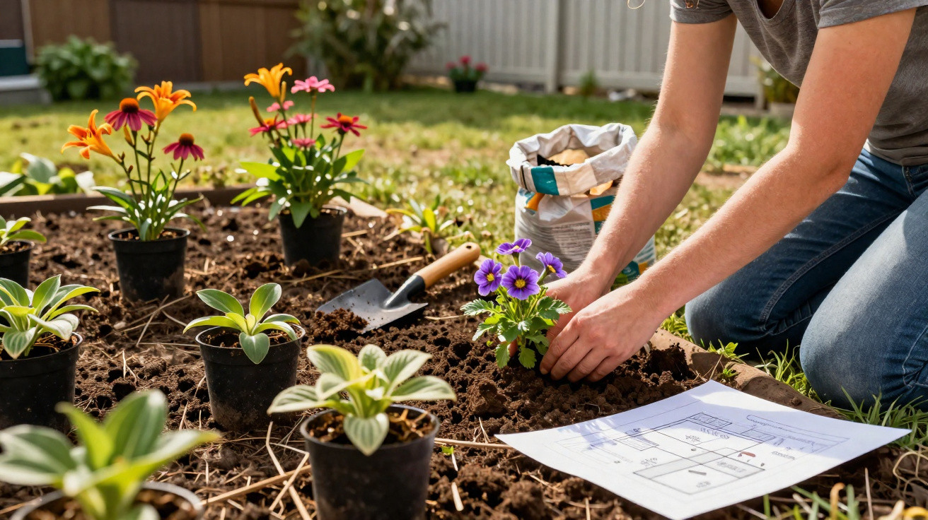 Person pflanzt Blumen im Garten, umgeben von Blumentöpfen, Gartenplan und Gartengeräte auf Erde.