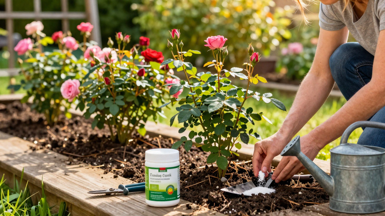 Frau düngt Rosenbeet, umgeben von rosa Rosen, mit Gießkanne und Blumendünger im Hochbeet im Garten.