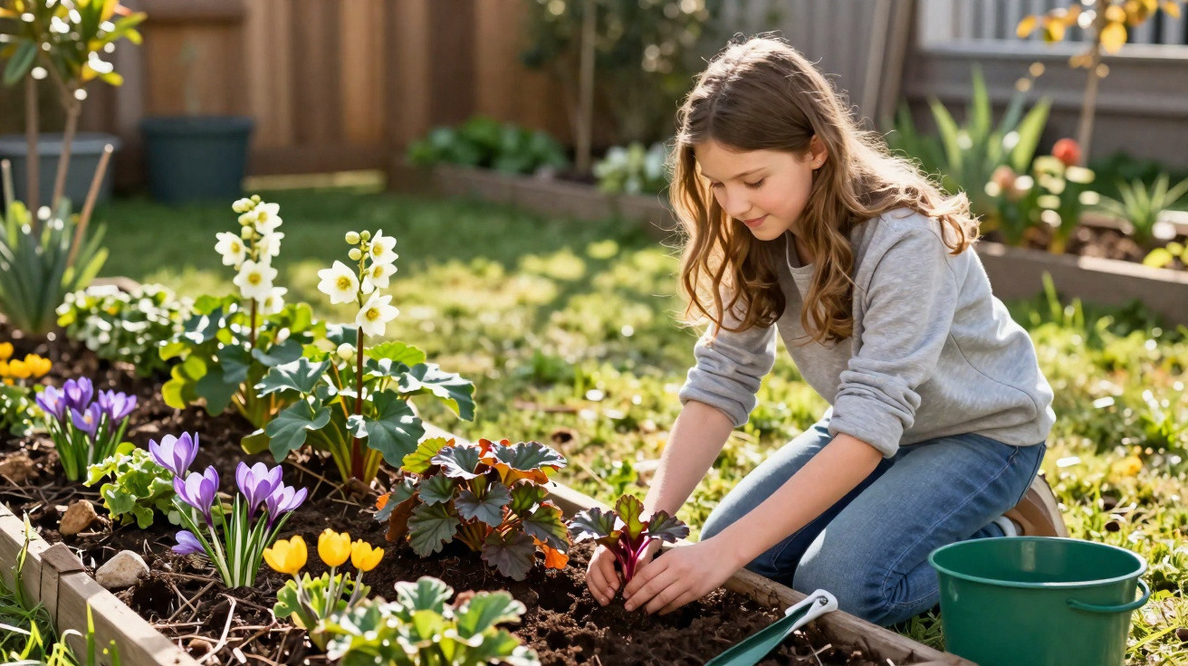 Mädchen pflanzt Blumen in Hochbeet im sonnigen Garten mit grünem Eimer und Gartenwerkzeug.
