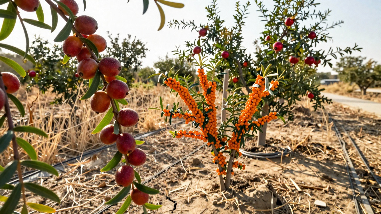 Verschiedene Obststräucher mit roten und orangefarbenen Früchten auf trockenem Ackerboden unter klarem Himmel.