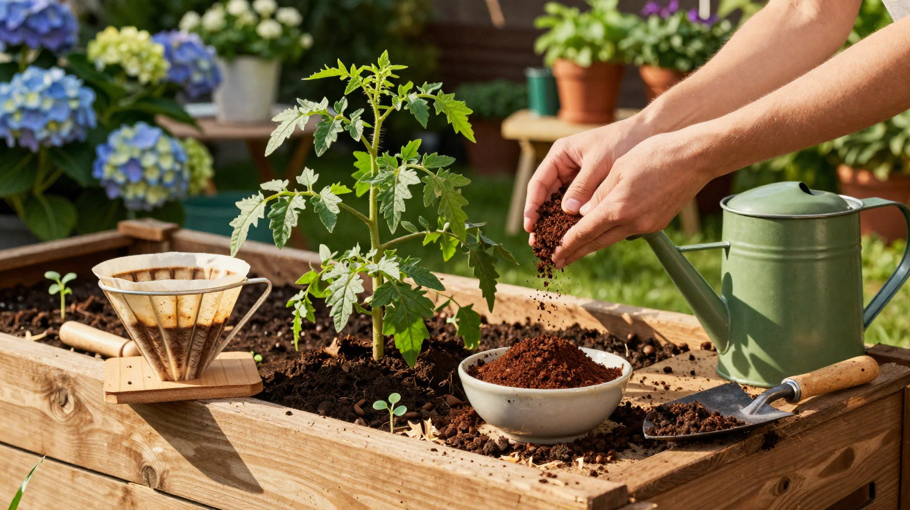 Gartenbeet mit Tomatenpflanze, humusreicher Erde, Gießkanne und Händen, die Erde hinzufügen.